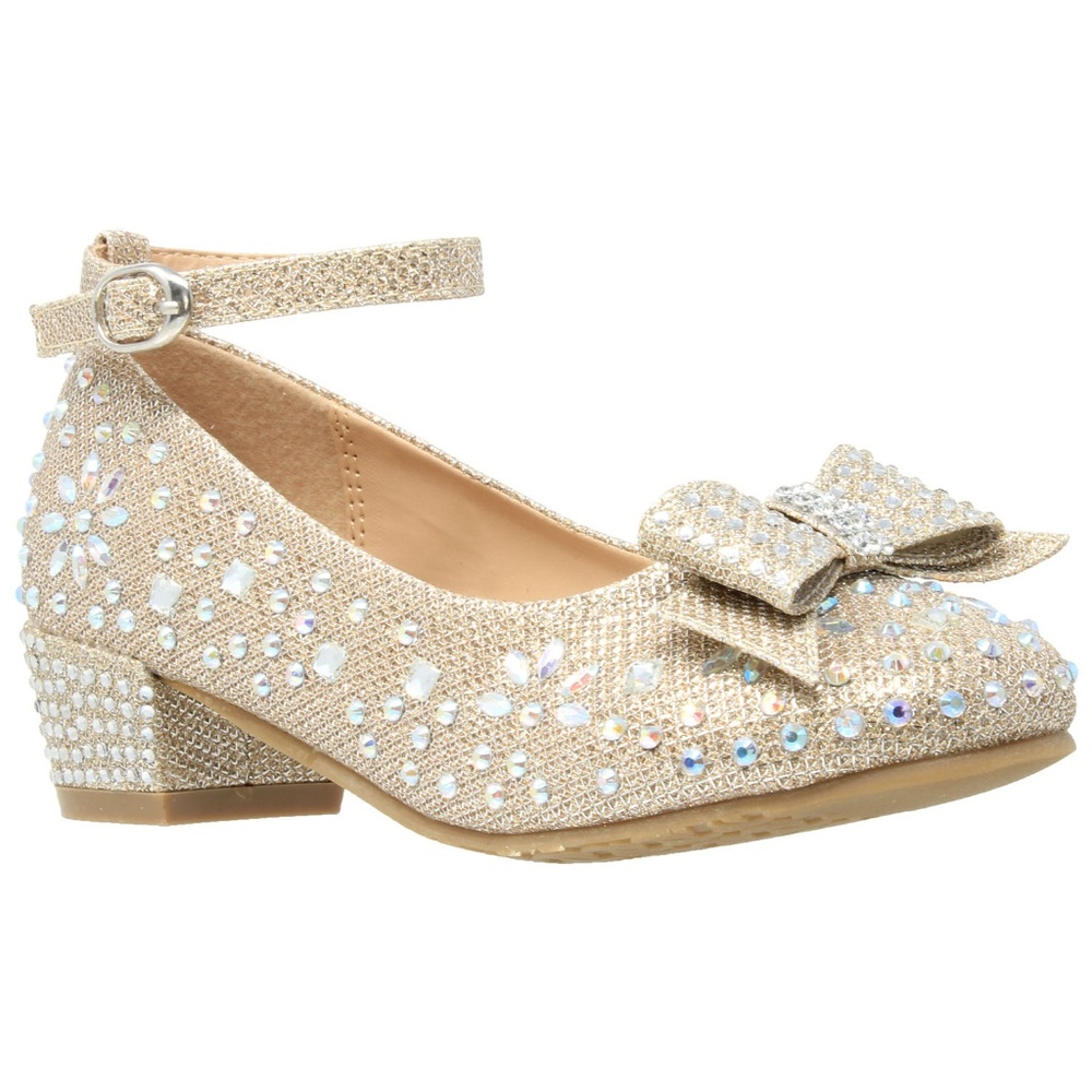 Kids Gold Glitter Rhinestone Bow Low Heel MARY-50